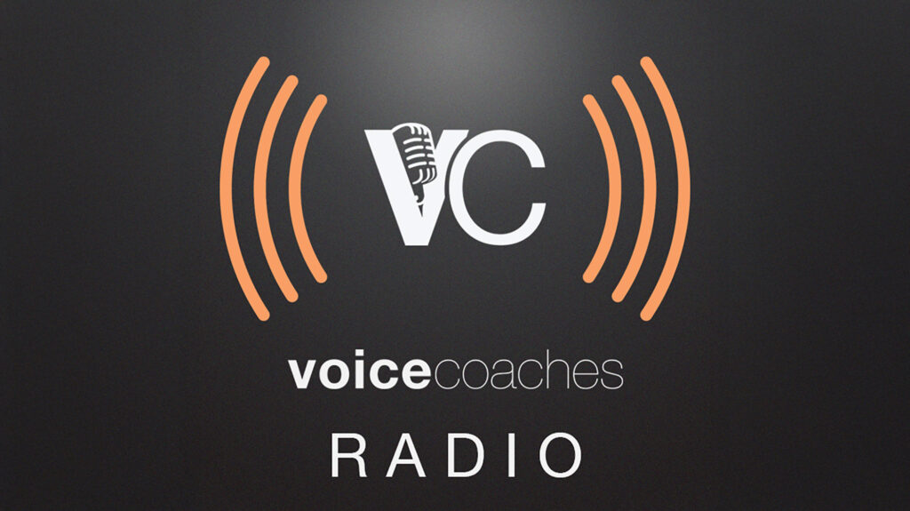 The image features the logo "VC" for Voice Coaches Radio, with a microphone and orange sound waves on a dark background, conveying audio and communication.
