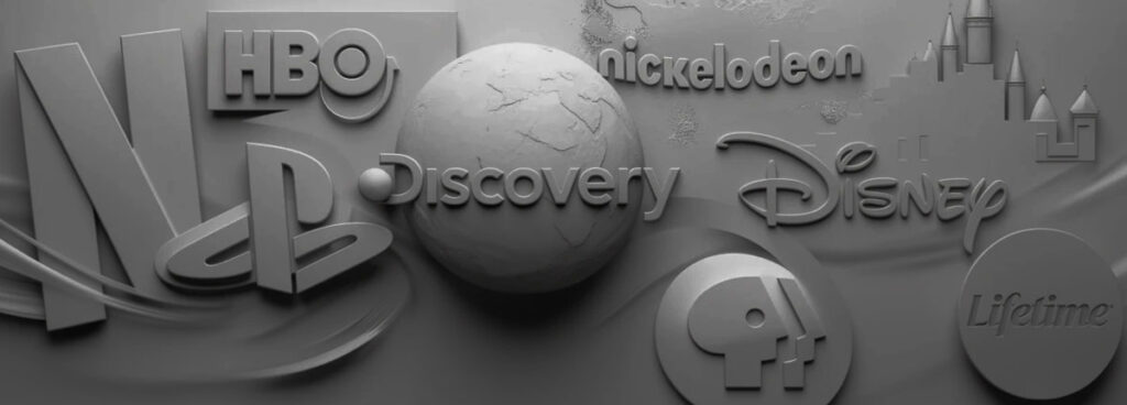 3D monochrome logos of HBO, Nickelodeon, Disney, PlayStation, PBS, Discovery, and Lifetime on a textured surface, creating a futuristic, nostalgic tone.
