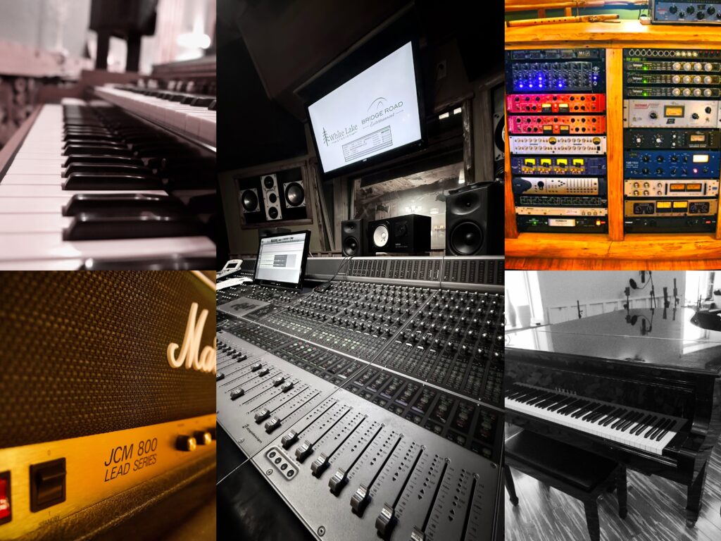 A collage of studio equipment: close-up of Hammond B3 organ keys and an amp, a soundboard with monitors, a rack with audio gear, and a black grand piano.
