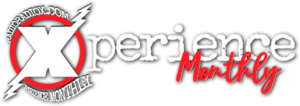 Bold "Xperience Monthly" logo on black; white "Xperience" and red handwritten "Monthly." Red circle and lightning around "X" with site URL. Edgy vibe.